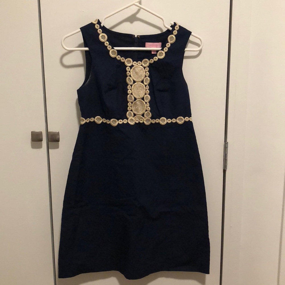 Lily pulitzer navy blue dress with gold details